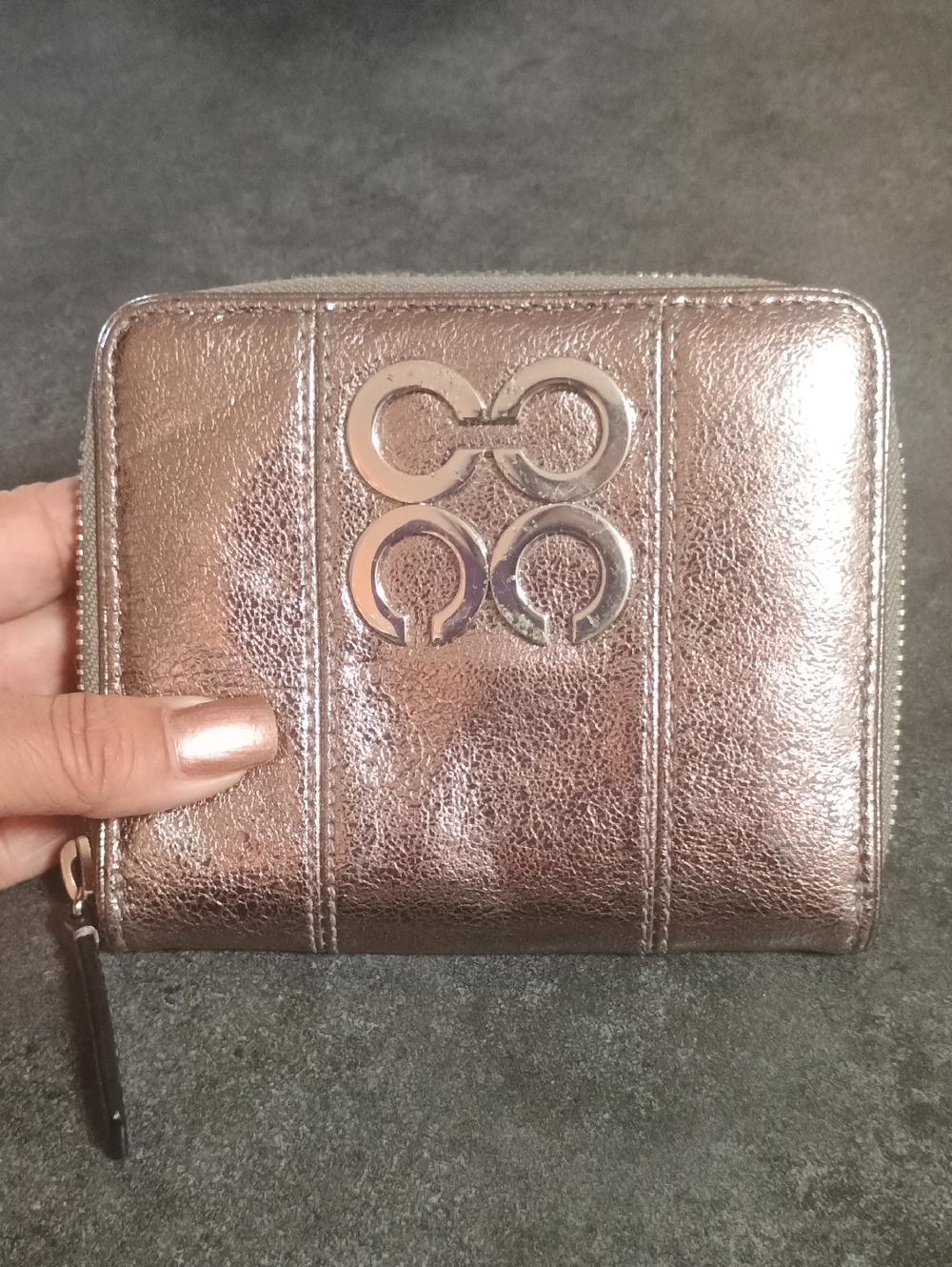 Coach Pewter Metallic Leather Zip Wallet with Silver Logo